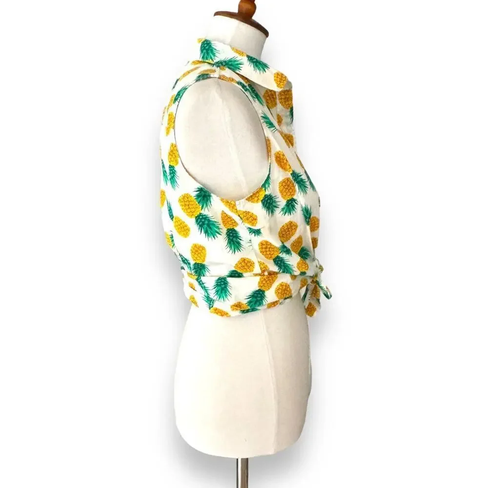 J. Crew White Pineapple Print Sleeveless Button Up Cropped Blouse Top Size M